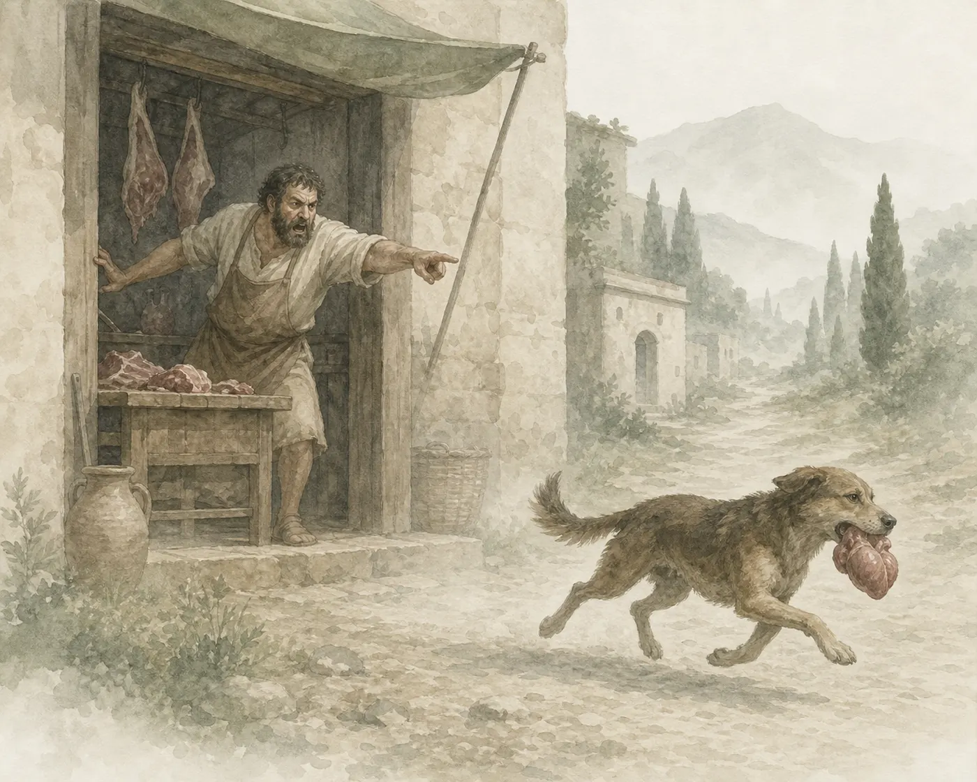 Illustration for Aesop’s fable “The Dog and the Butcher”