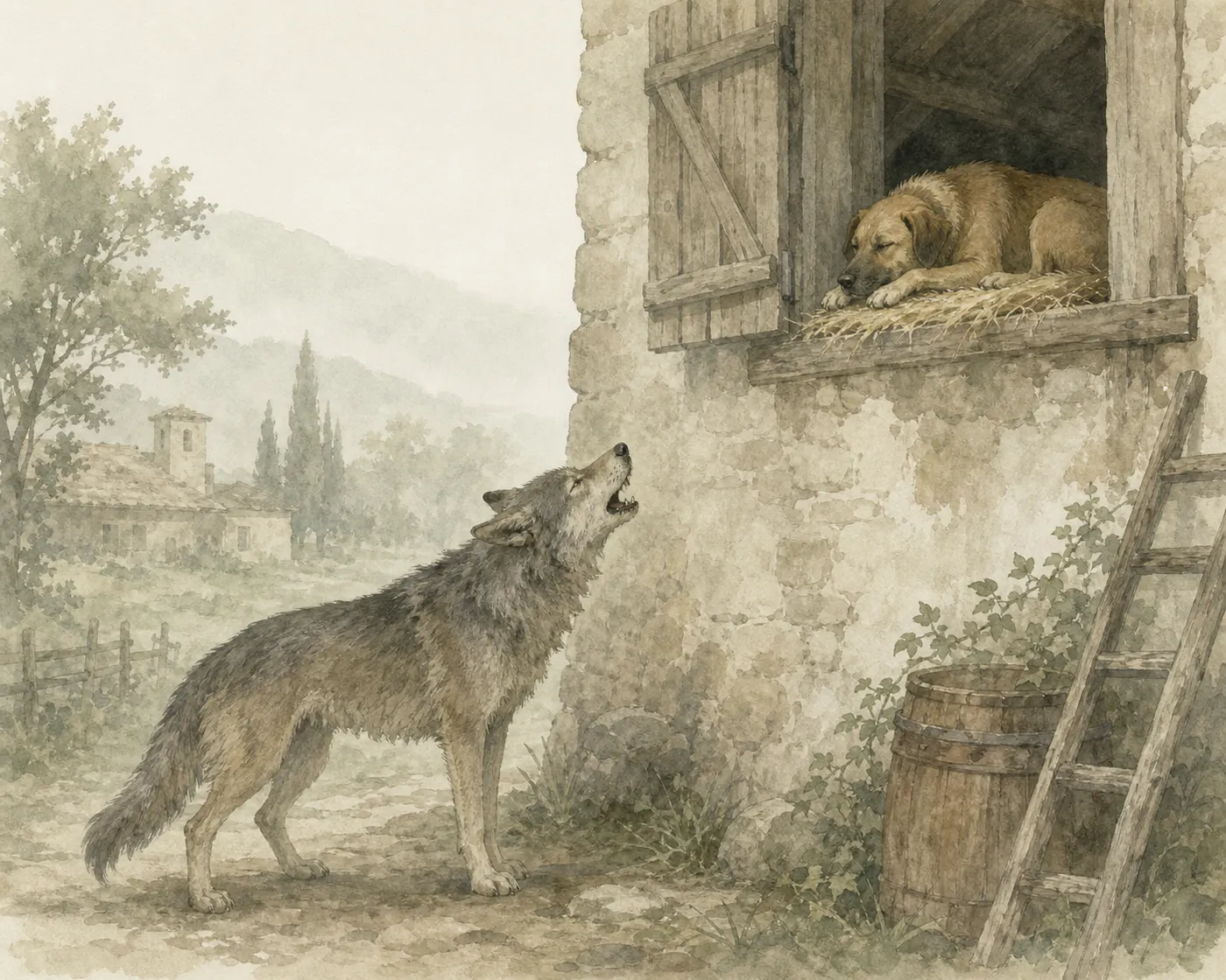 Illustration for Aesop’s fable “The Sleeping Dog and the Wolf”