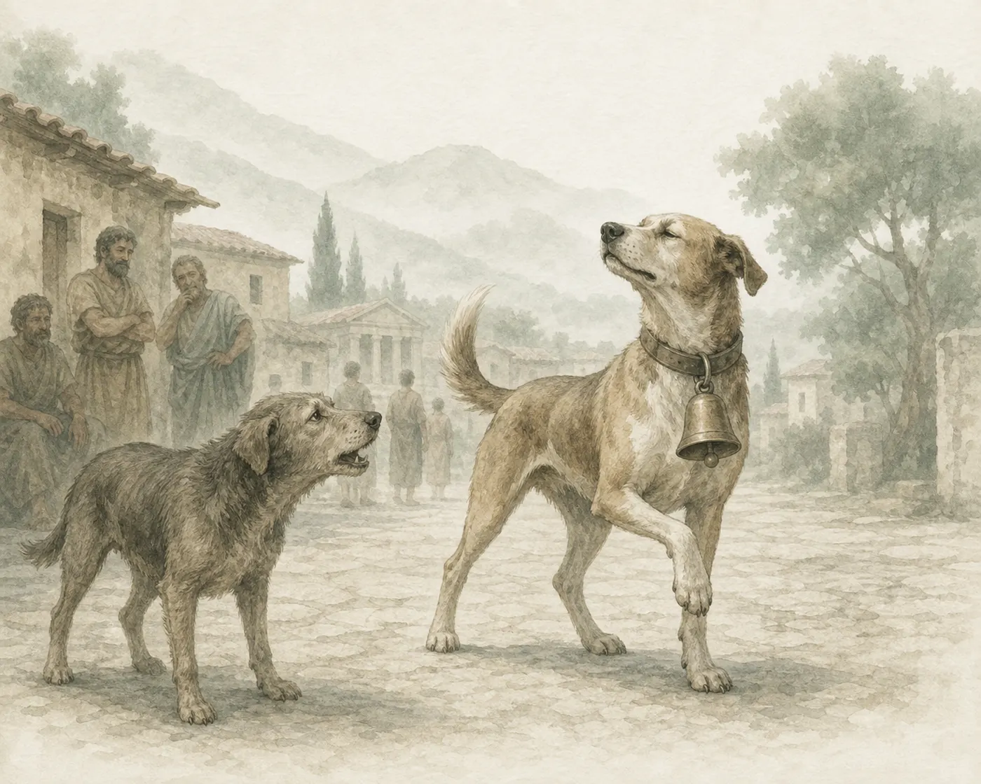 Illustration for Aesop’s fable “The Dog with the Bell”