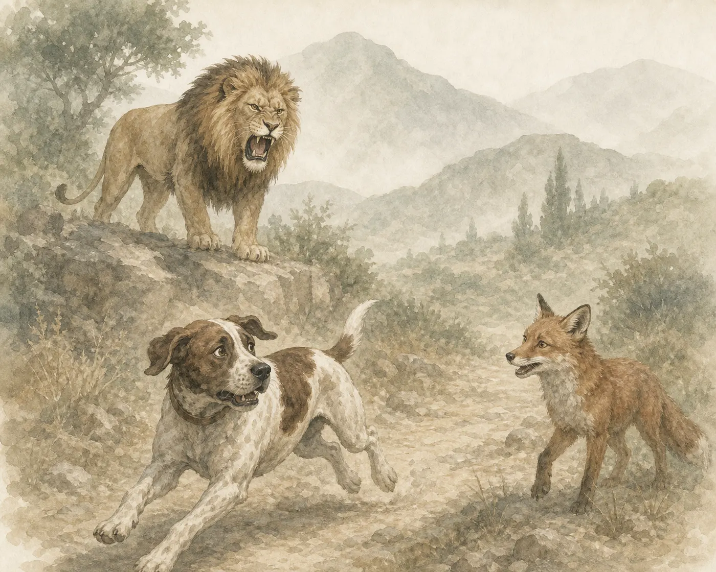 Illustration for Aesop’s fable “The Dog That Chased a Lion and the Fox”
