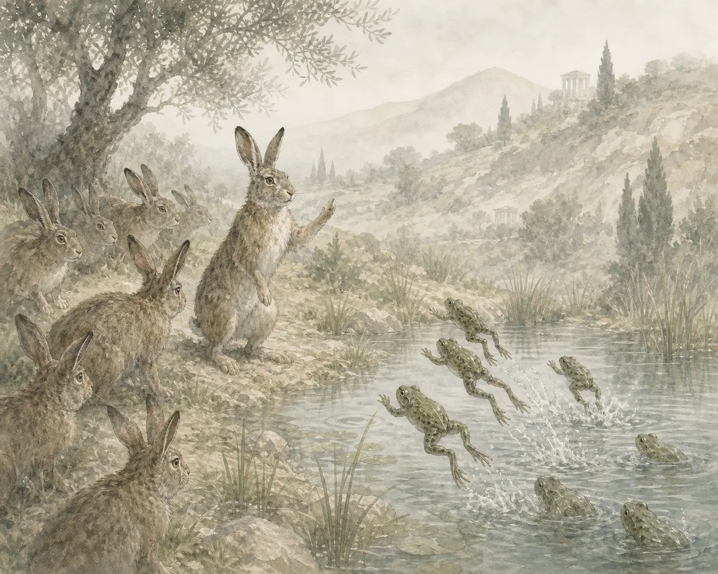 Illustration for Aesop’s fable “The Hares and the Frogs”