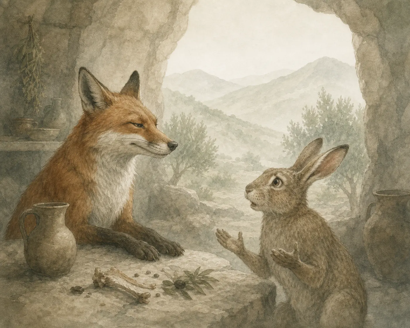 Illustration for Aesop’s fable “The Hare and the Fox”
