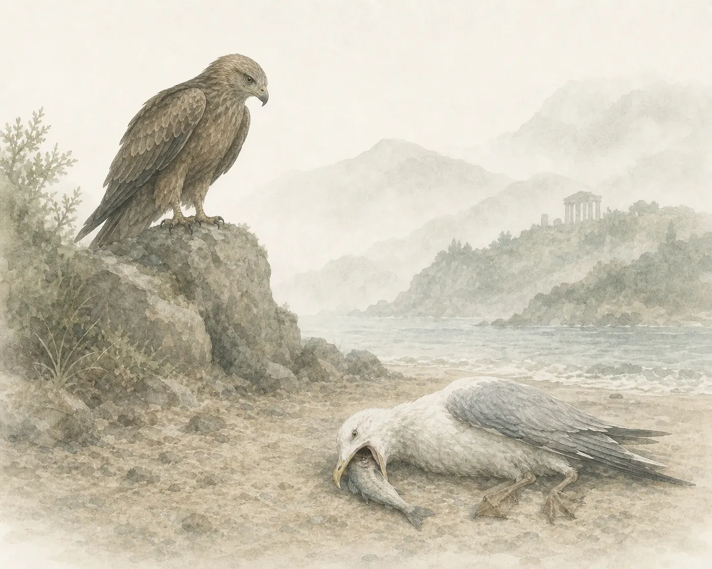 Illustration for Aesop’s fable “The Gull and the Kite”