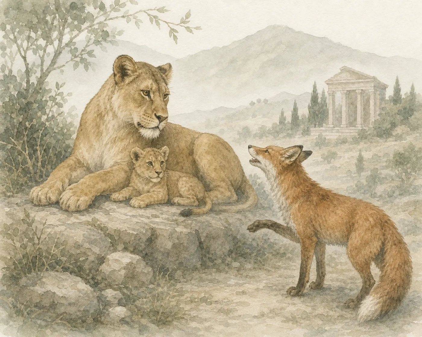 Illustration for Aesop’s fable “The Lioness and the Fox”