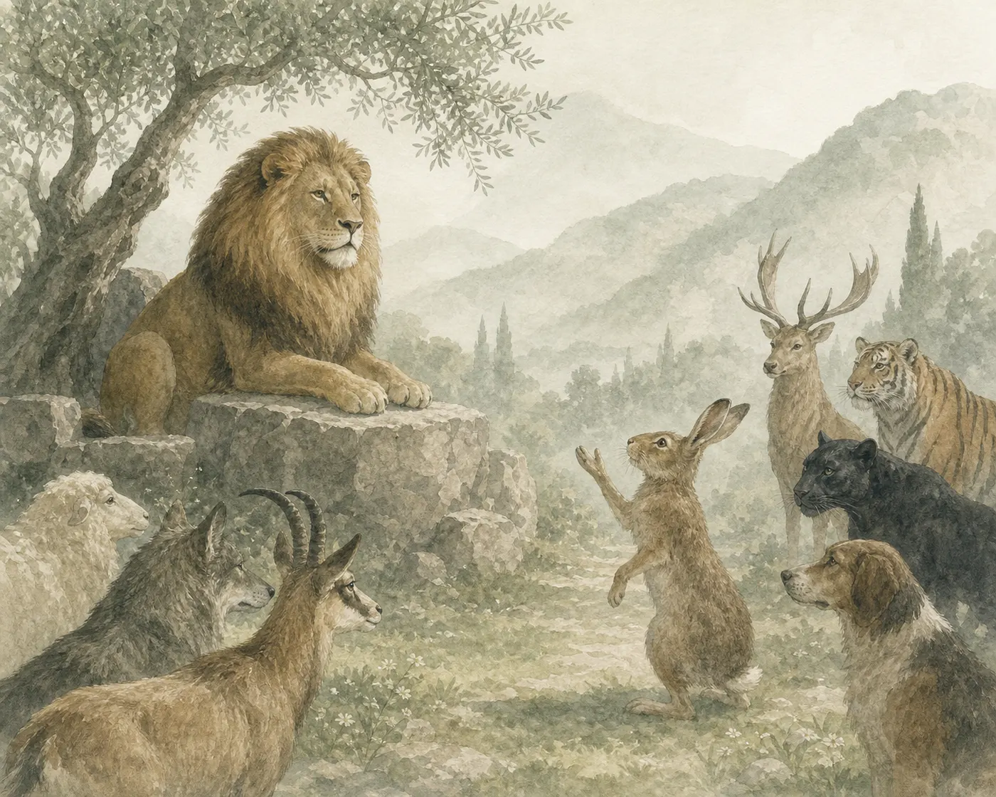 Illustration for Aesop’s fable “The Reign of the Lion”
