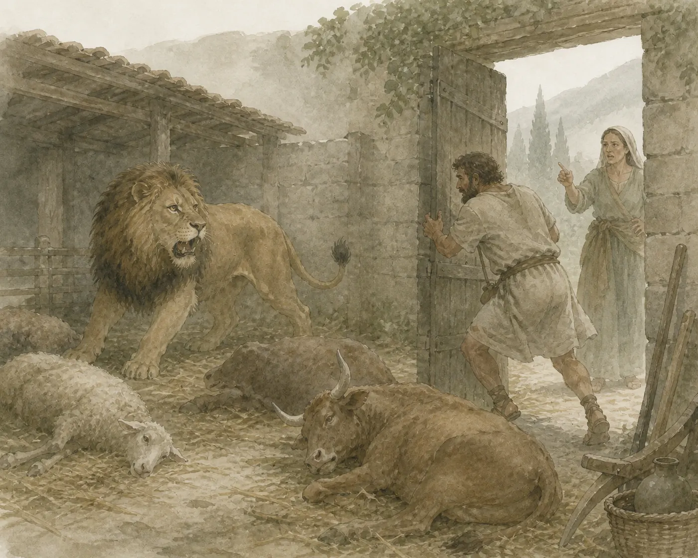 Illustration for Aesop’s fable “The Trapped Lion and the Ploughman”