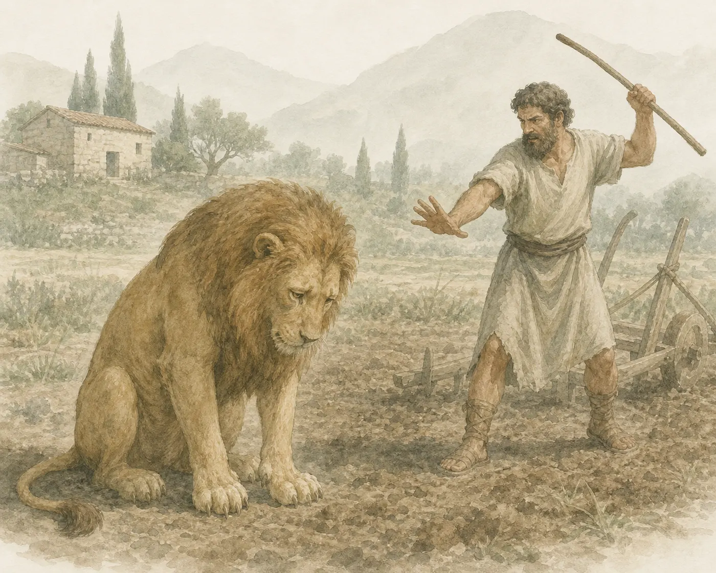 Illustration for Aesop’s fable “The Lion in Love and the Ploughman”