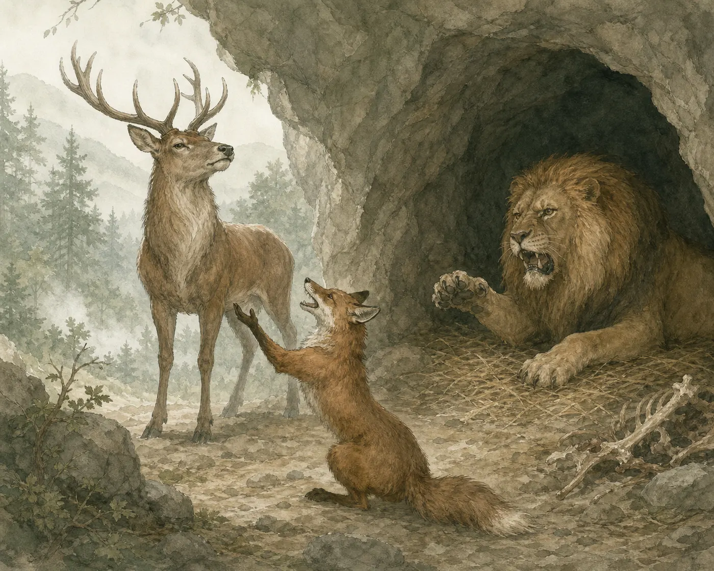 Illustration for Aesop’s fable “The Lion, the Fox, and the Stag”