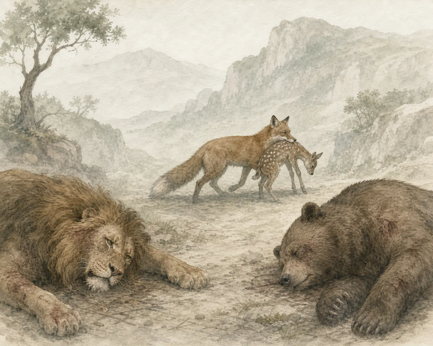 Illustration for Aesop’s fable “The Lion, the Bear, and the Fox”