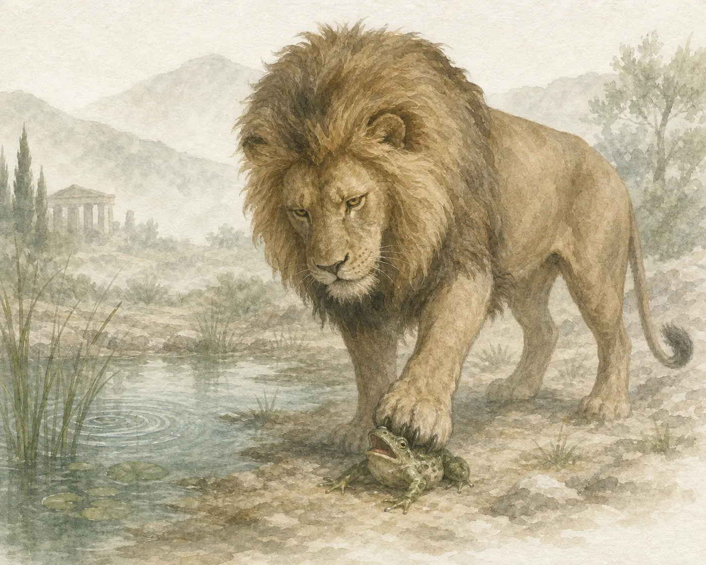 Illustration for Aesop’s fable “The Lion and the Frog”