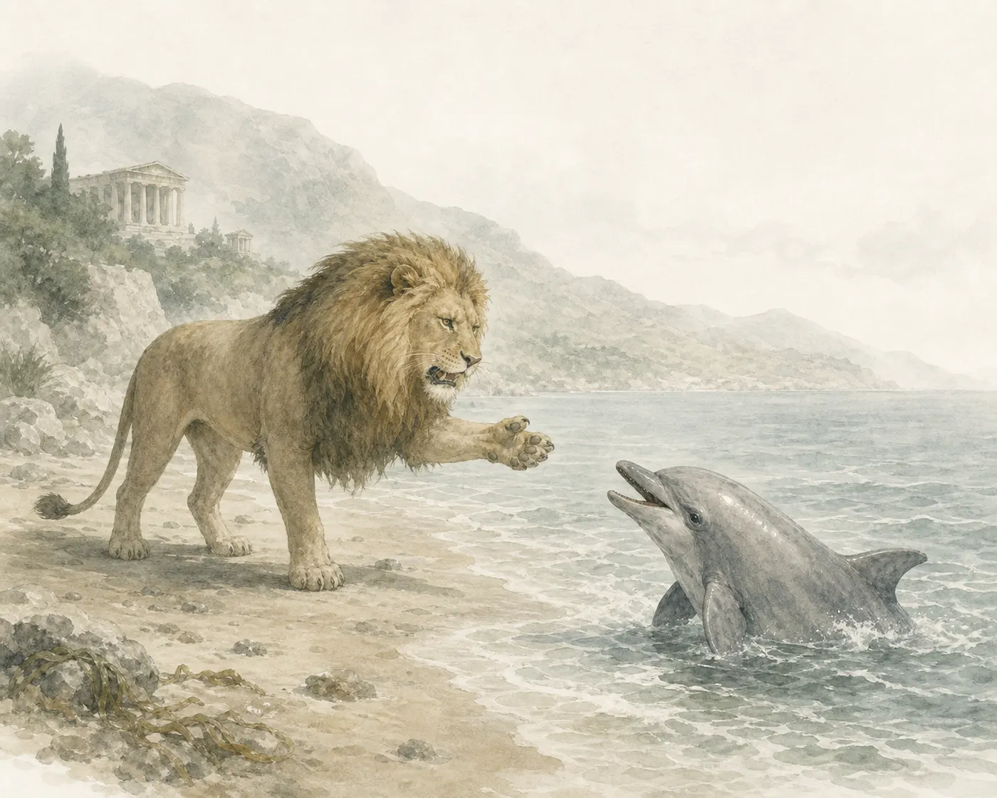 Illustration for Aesop’s fable “The Lion and the Dolphin”