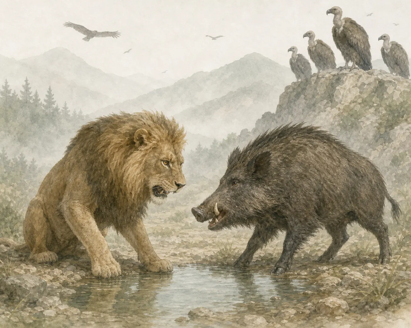 Illustration for Aesop’s fable “The Lion and the Boar”