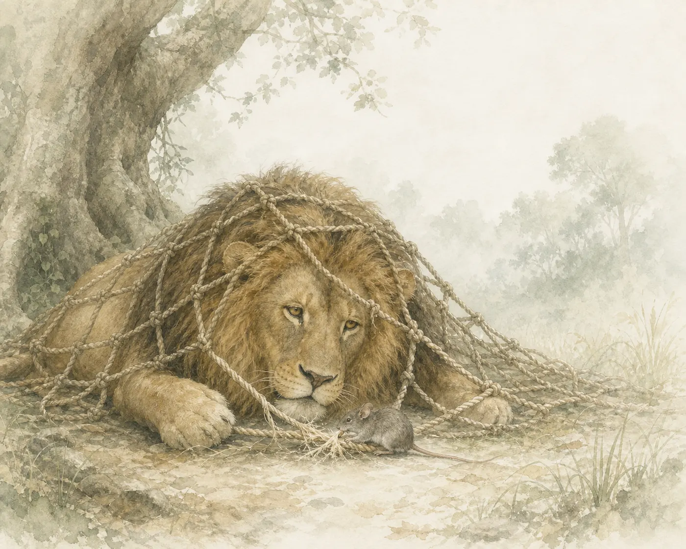 A lion crouched beneath a tree is caught in a rope net; a small grey mouse gnaws at it beside his paw