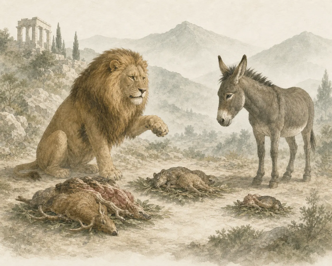 Illustration for Aesop’s fable “The Lion and the Wild Ass”