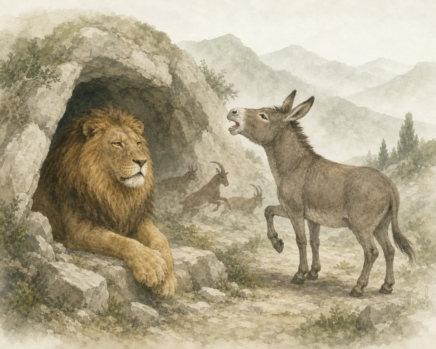 Illustration for Aesop’s fable “The Lion and the Ass Hunting Together”