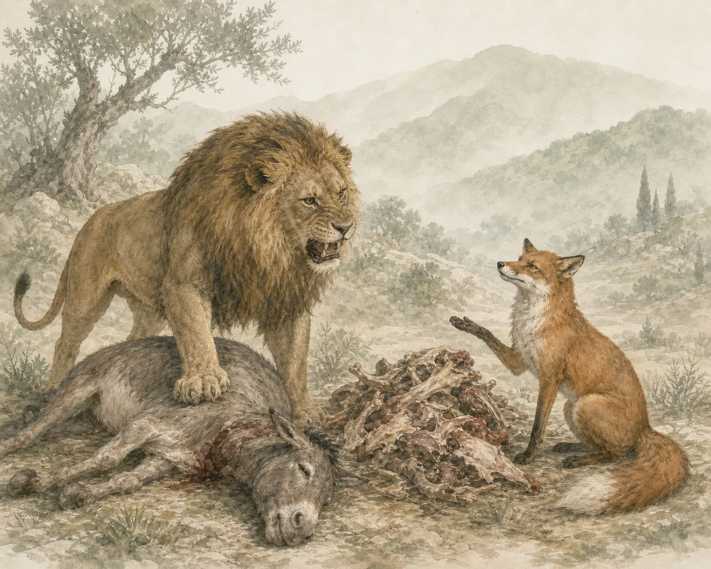 Illustration for Aesop’s fable “The Lion, the Ass, and the Fox”