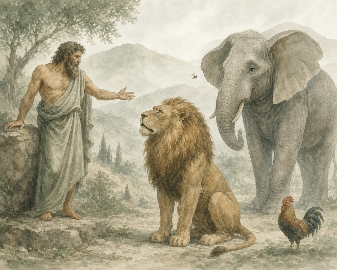 Illustration for Aesop’s fable “The Lion, Prometheus, and the Elephant”