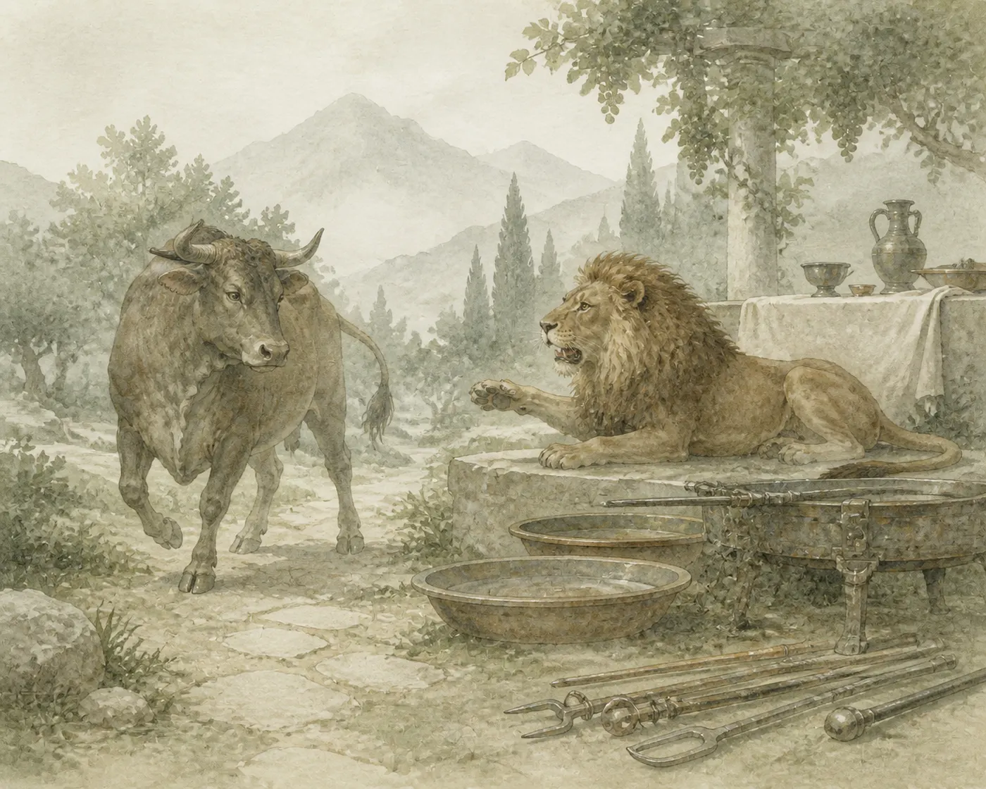 Illustration for Aesop’s fable “The Lion and the Bull”