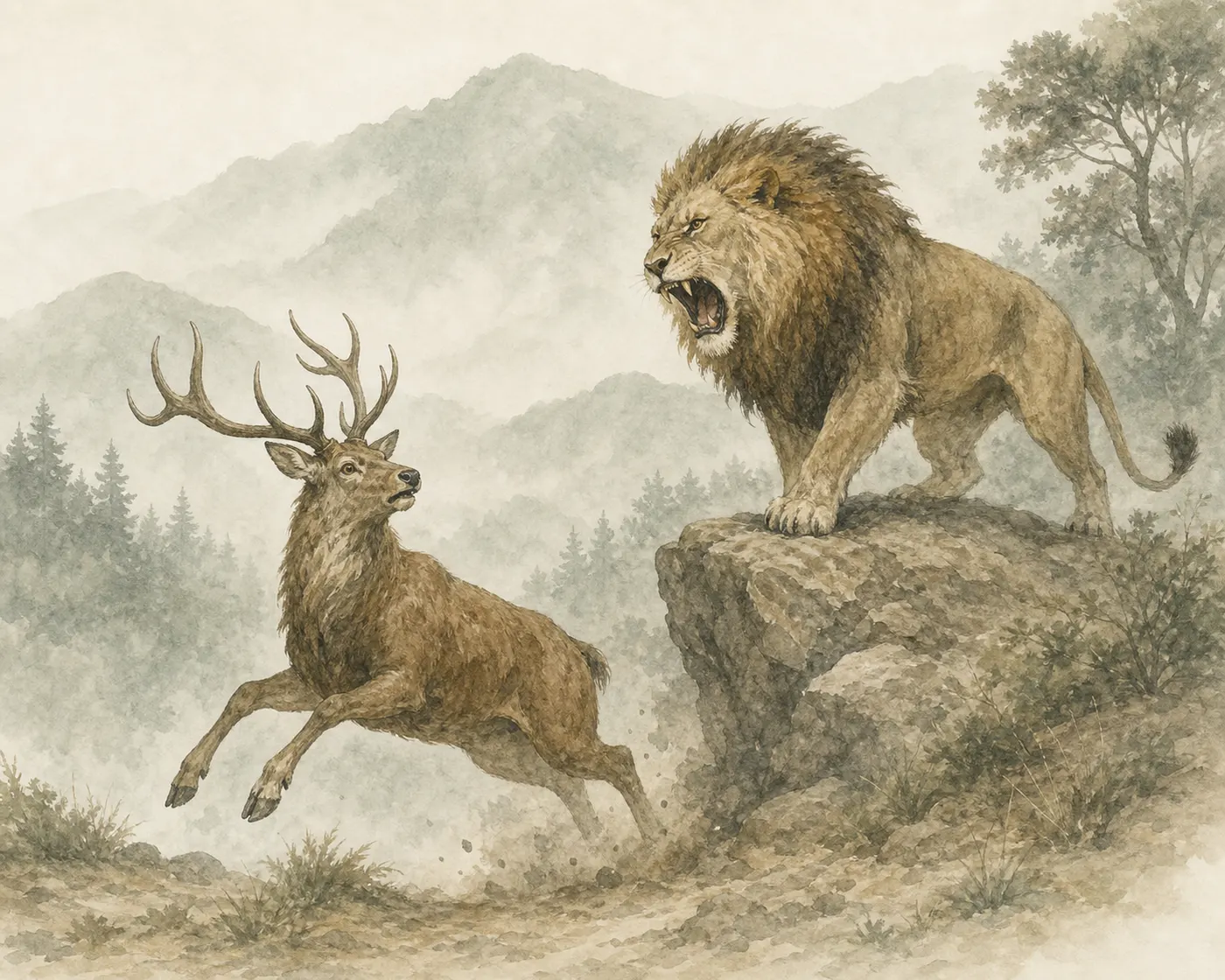 Illustration for Aesop’s fable “The Enraged Lion and the Stag”