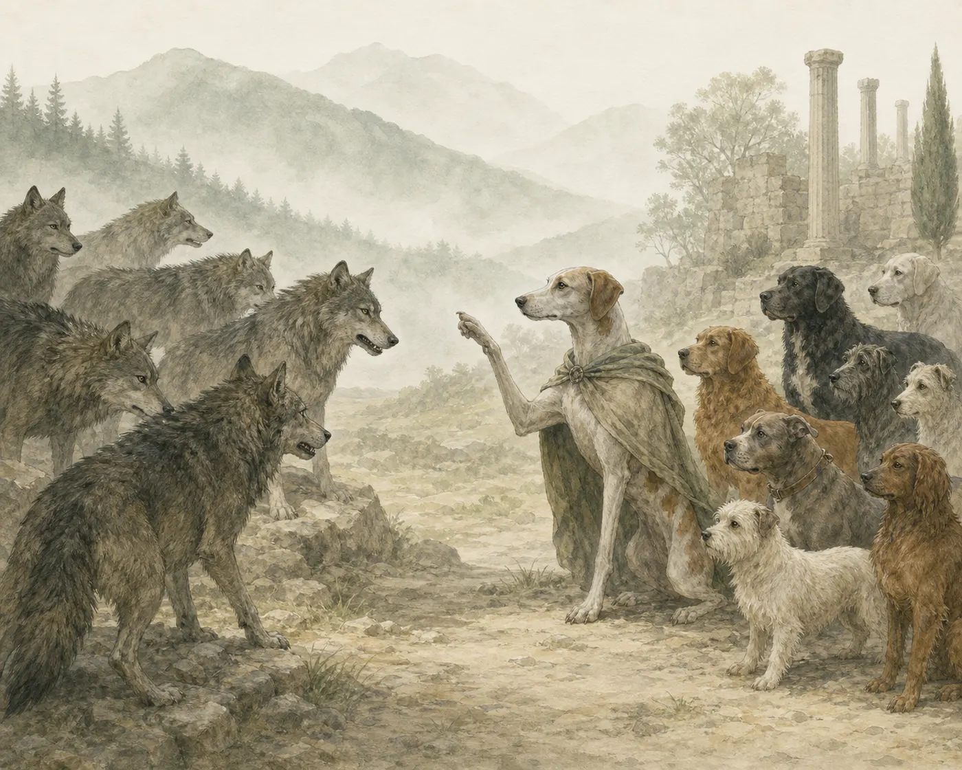 Illustration for Aesop’s fable “The Wolves and the Dogs at War”