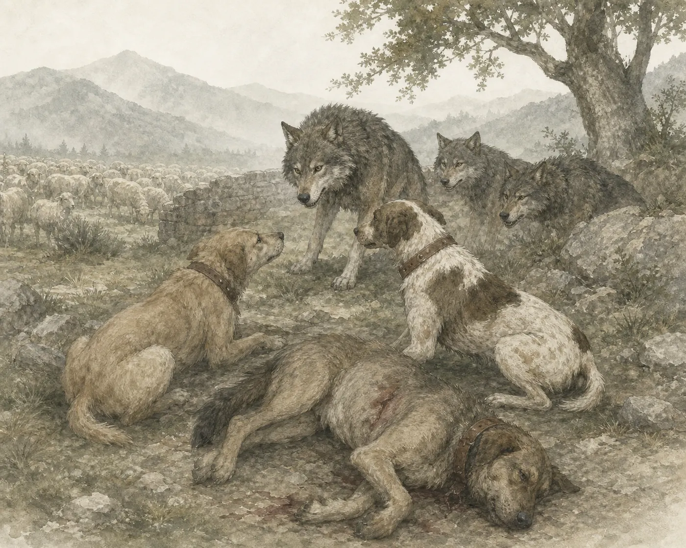 Illustration for Aesop’s fable “The Dogs Reconciled with the Wolves”