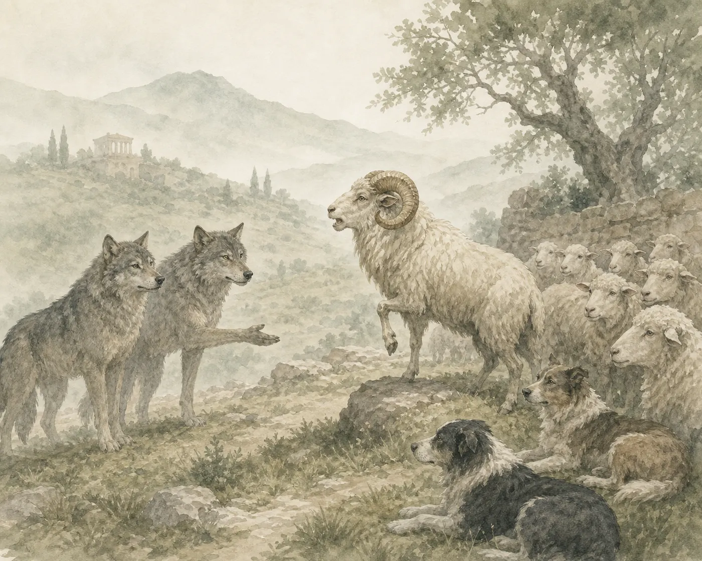 Illustration for Aesop’s fable “The Wolves, the Sheep, and the Ram”