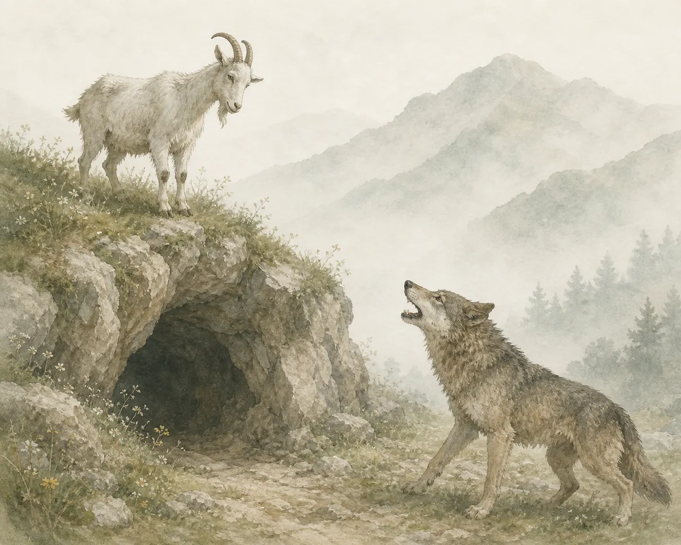 Illustration for Aesop’s fable “The Wolf and the Goat”