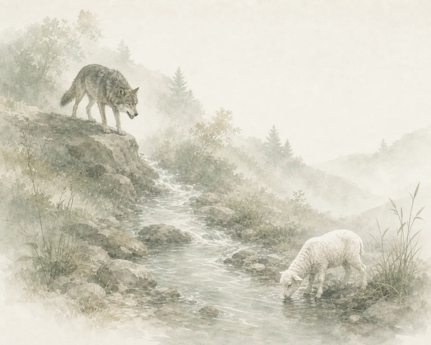 A wolf looks down from a rocky bank at a lamb drinking further downstream, in the same mist-wrapped brook