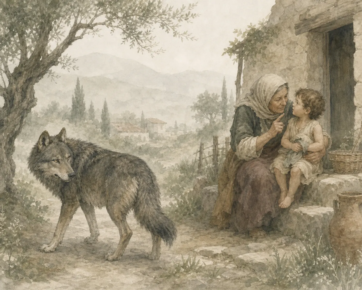 Illustration for Aesop’s fable “The Wolf and the Old Woman”