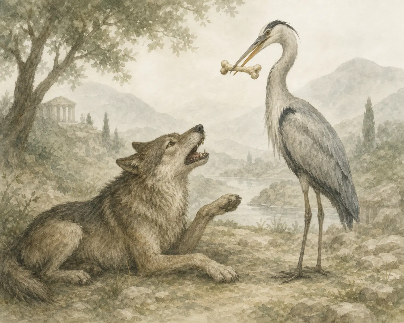 Illustration for Aesop’s fable “The Wolf and the Heron”