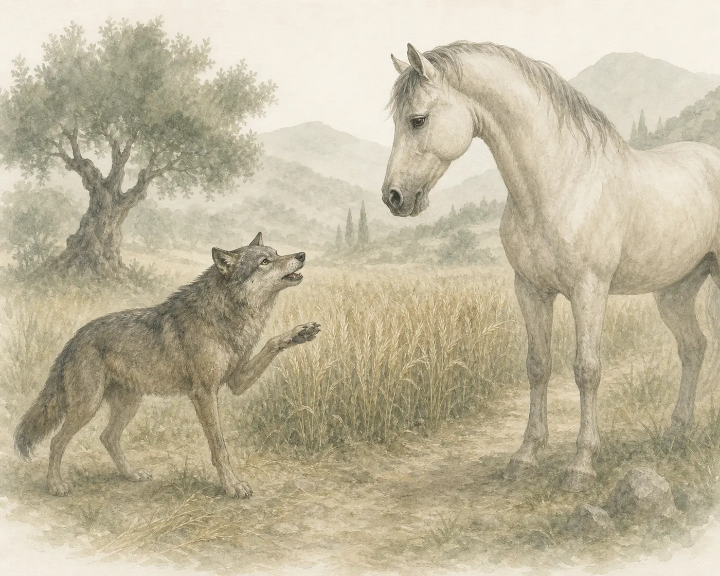 Illustration for Aesop’s fable “The Wolf and the Horse”