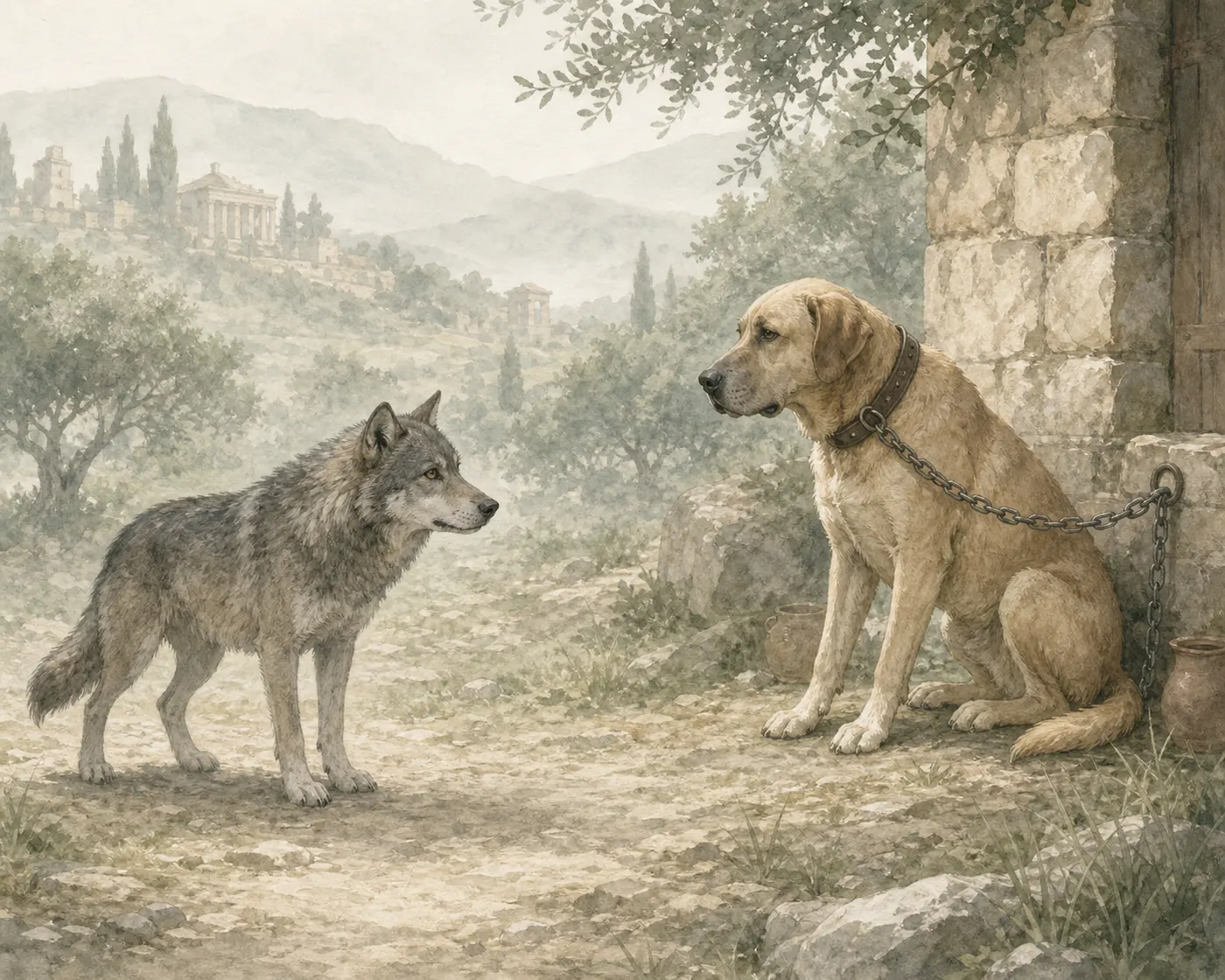Illustration for Aesop’s fable “The Wolf and the Dog”