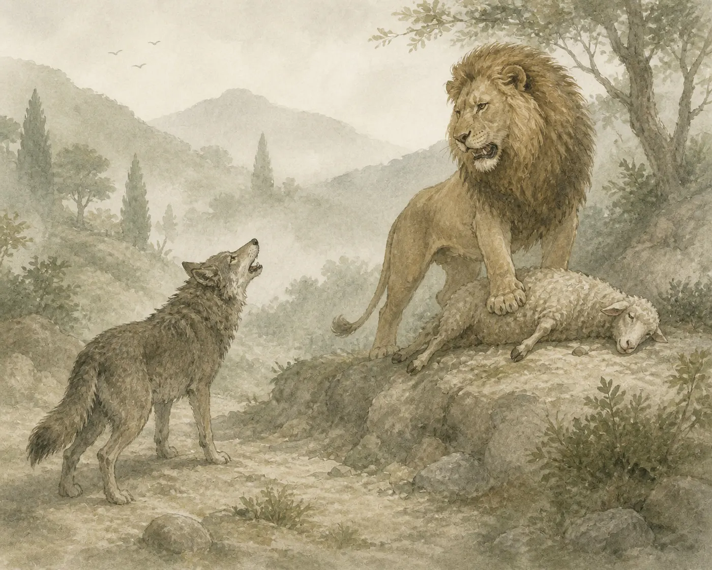 Illustration for Aesop’s fable “The Wolf and the Lion”