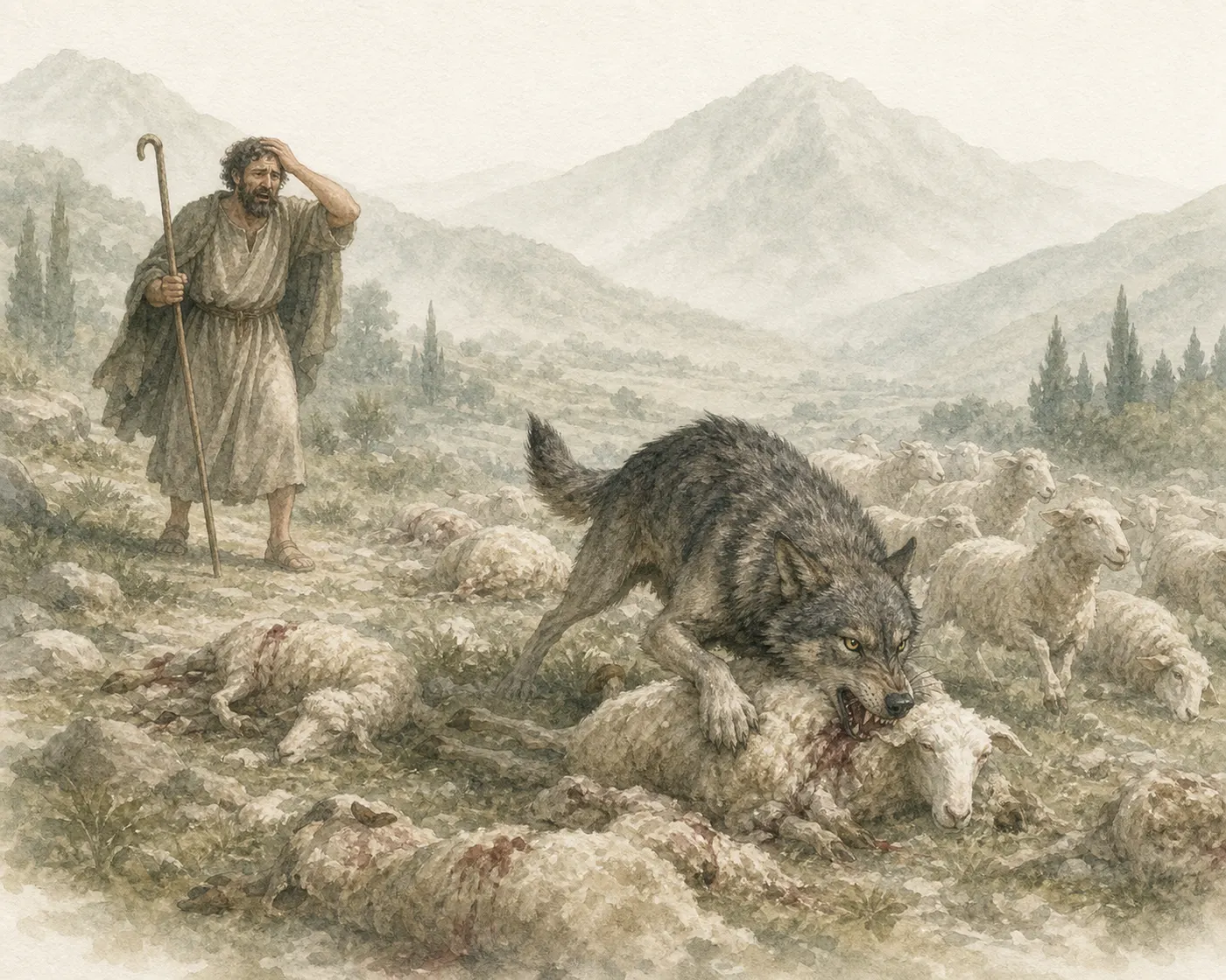 Illustration for Aesop’s fable “The Wolf and the Shepherd”