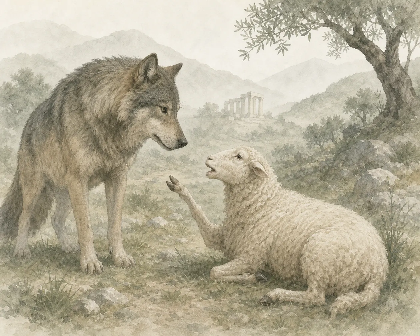 Illustration for Aesop’s fable “The Well-Fed Wolf and the Ewe”