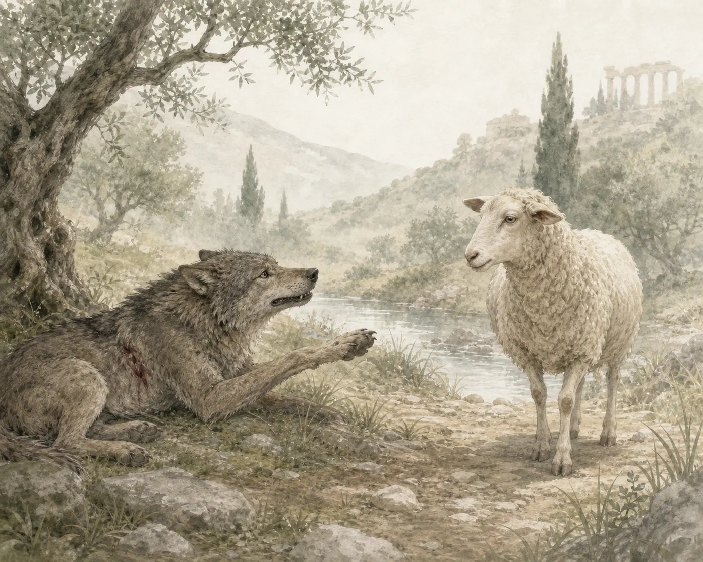 Illustration for Aesop’s fable “The Wounded Wolf and the Ewe”