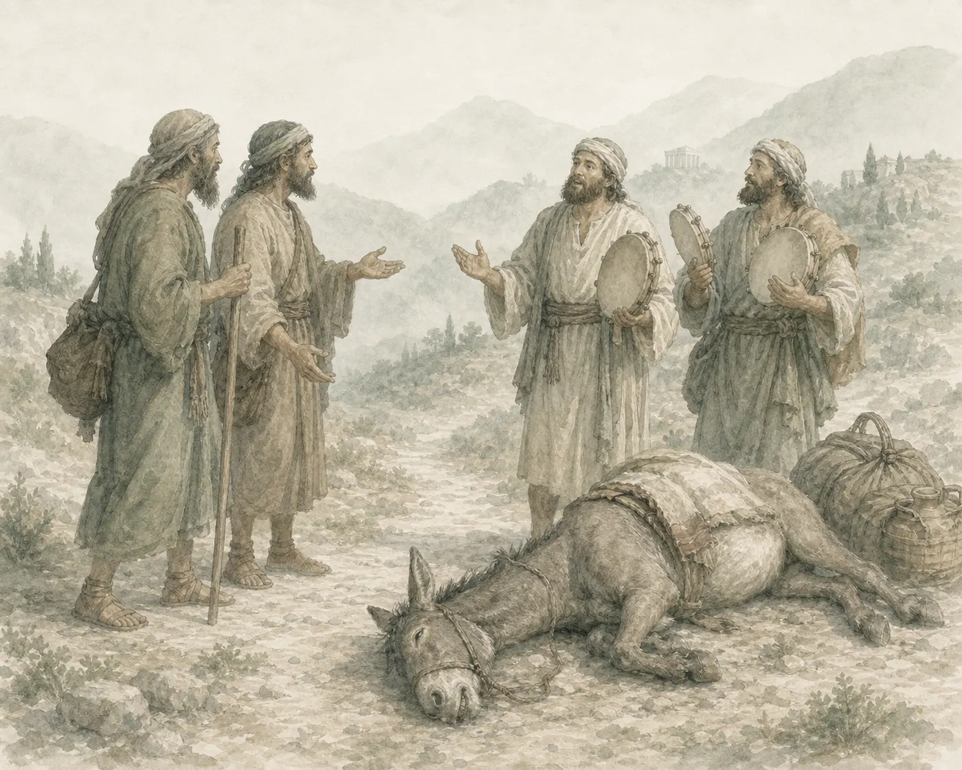 Illustration for Aesop’s fable “The Wandering Priests and the Ass”