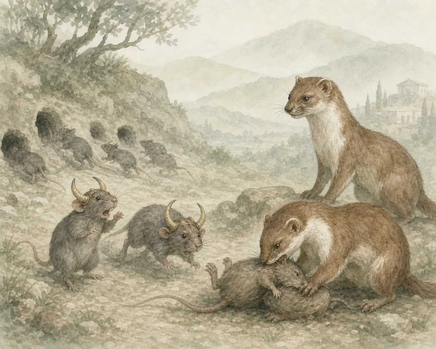 Illustration for Aesop’s fable “The Rats and the Weasels”