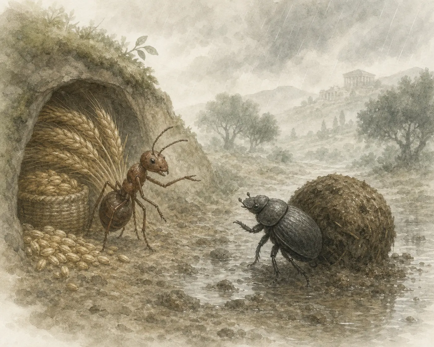 Illustration for Aesop’s fable “The Ant and the Beetle”