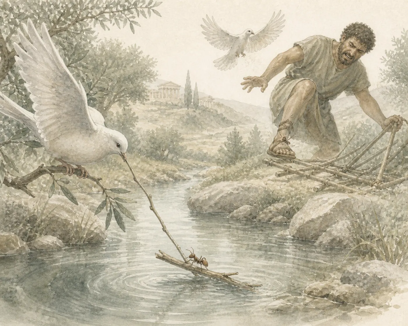 Illustration for Aesop’s fable “The Ant and the Dove”