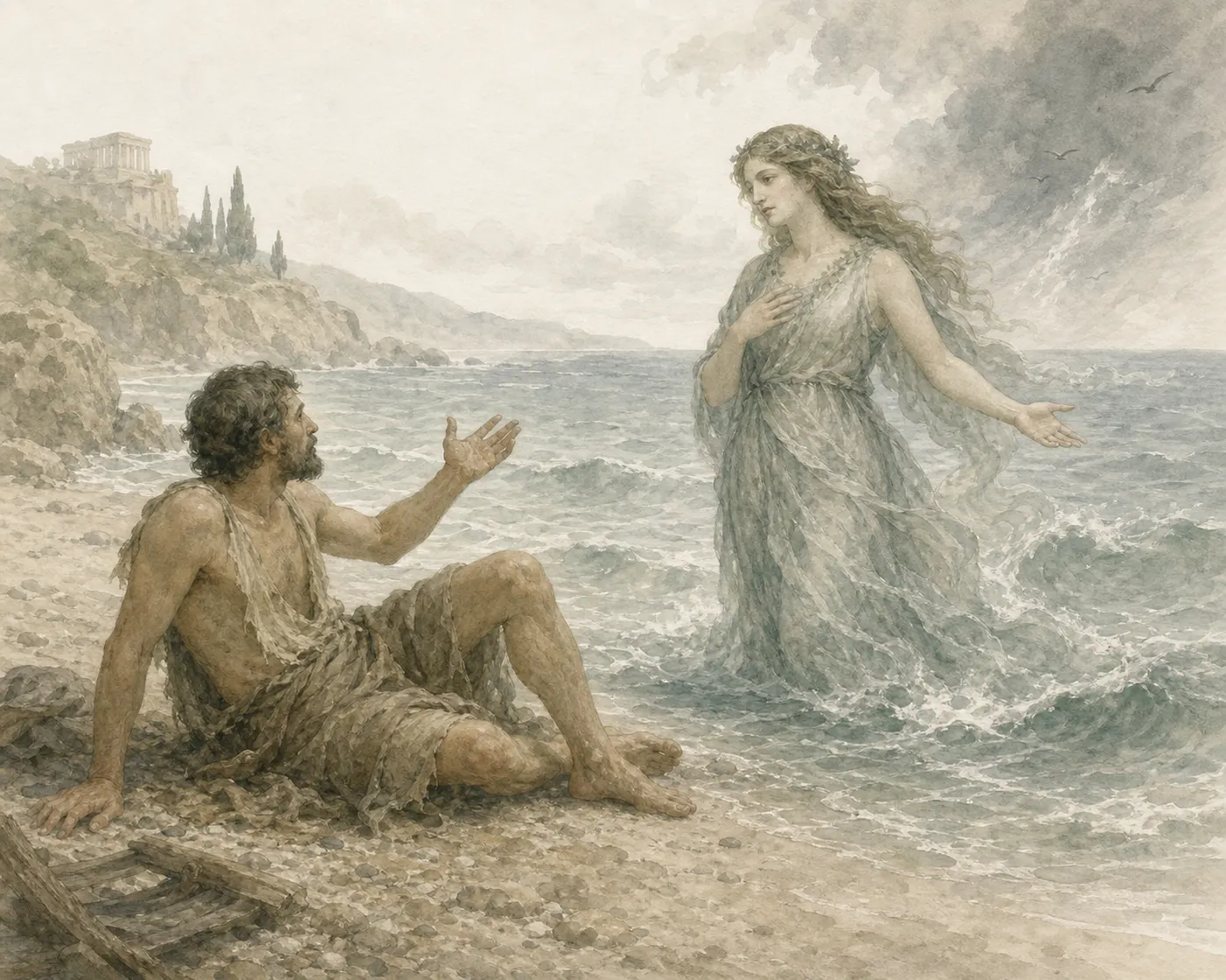 Illustration for Aesop’s fable “The Shipwrecked Man and the Sea”