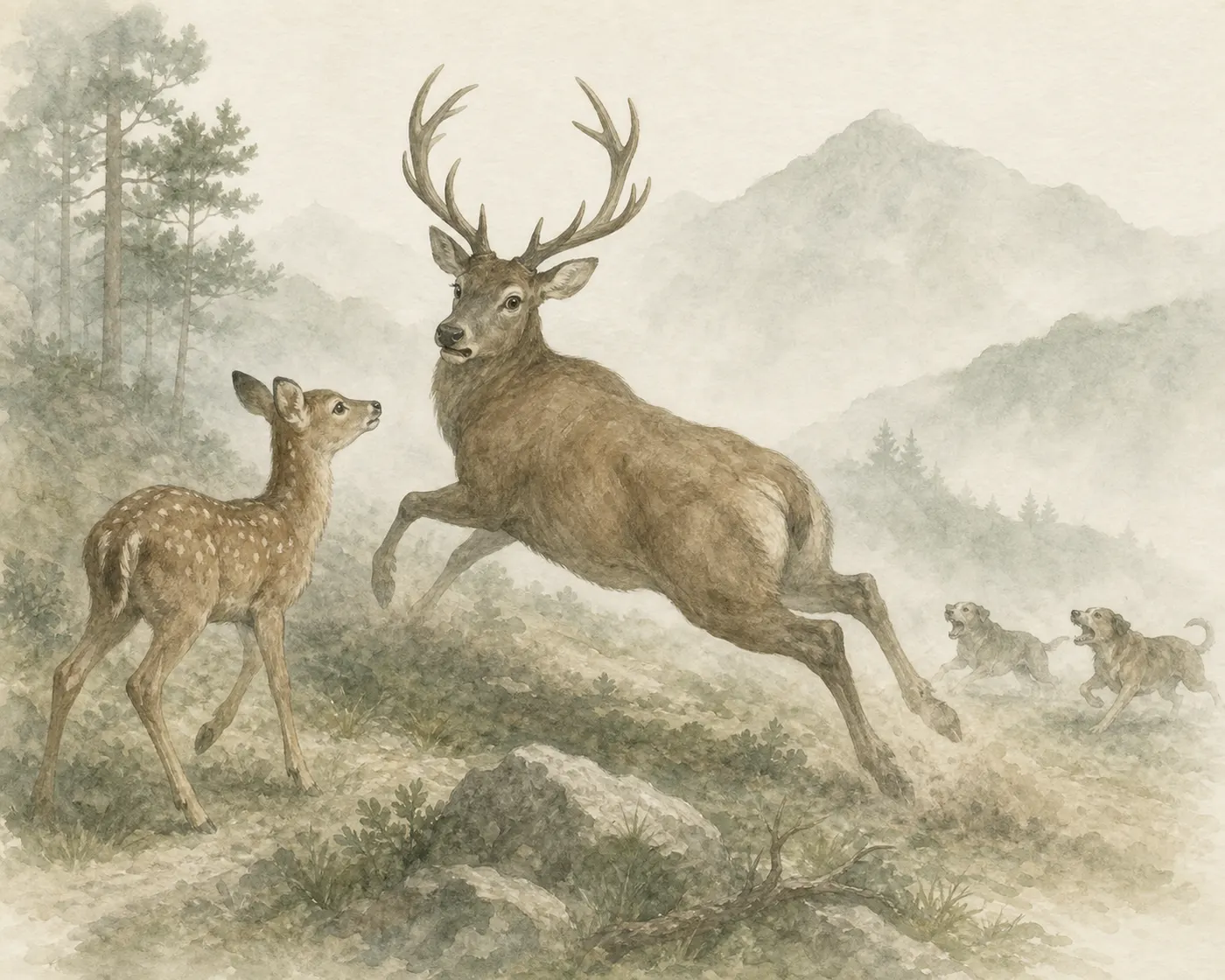 Illustration for Aesop’s fable “The Fawn and the Stag”