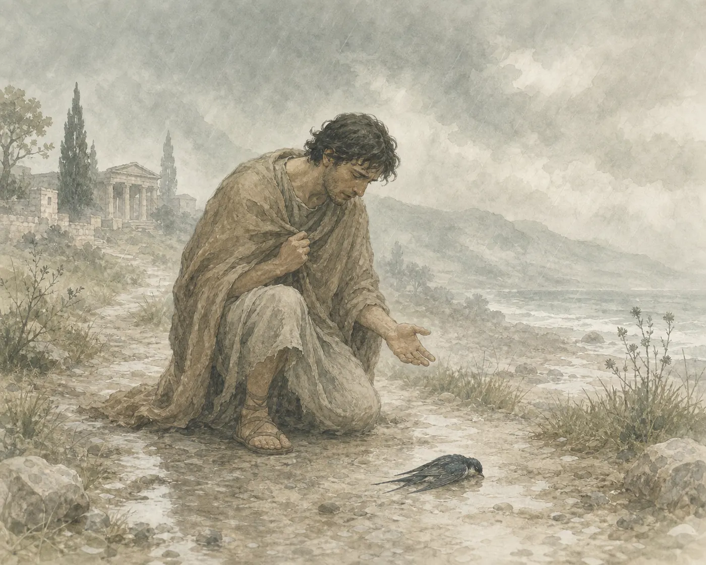 Illustration for Aesop’s fable “The Spendthrift and the Swallow”