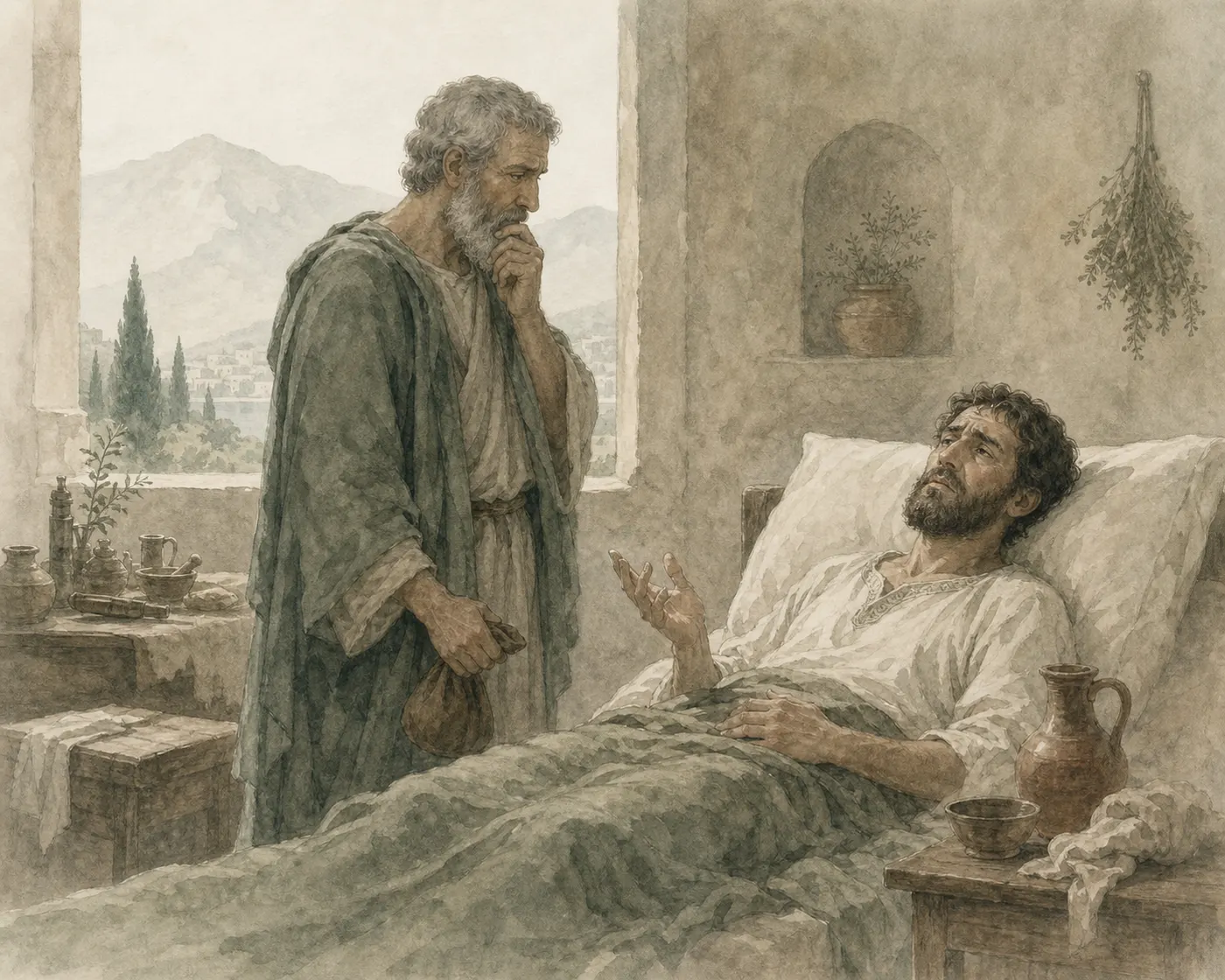 Illustration for Aesop’s fable “The Sick Man and the Doctor”