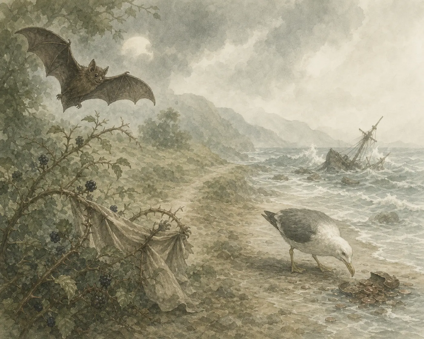 Illustration for Aesop’s fable “The Bat, the Bramble, and the Gull”