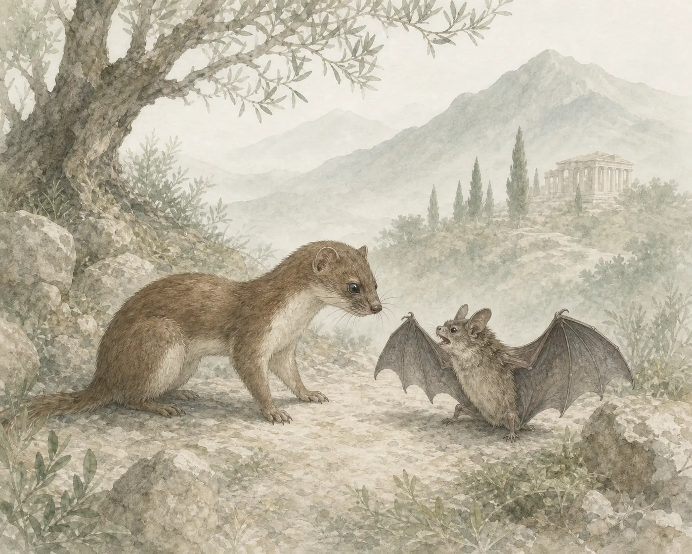 Illustration for Aesop’s fable “The Bat and the Weasels”