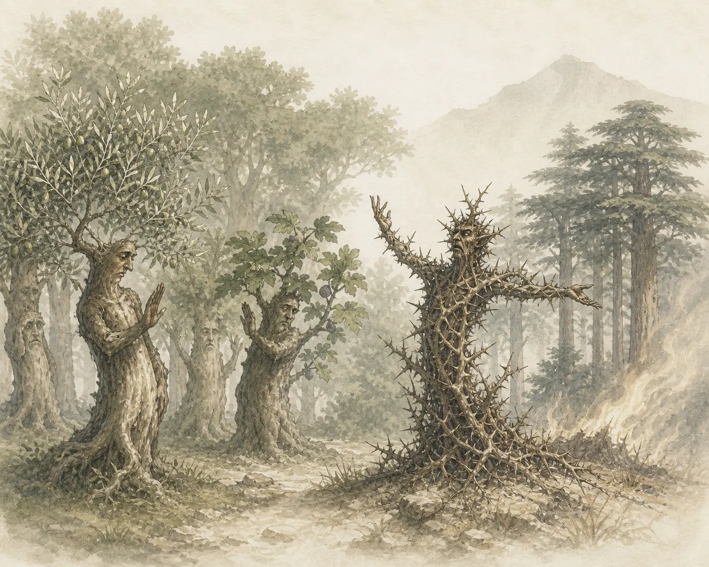 Illustration for Aesop’s fable “The Trees and the Olive”