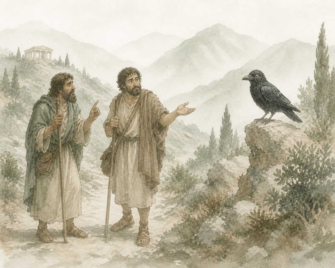 Illustration for Aesop’s fable “The Travellers and the Crow”