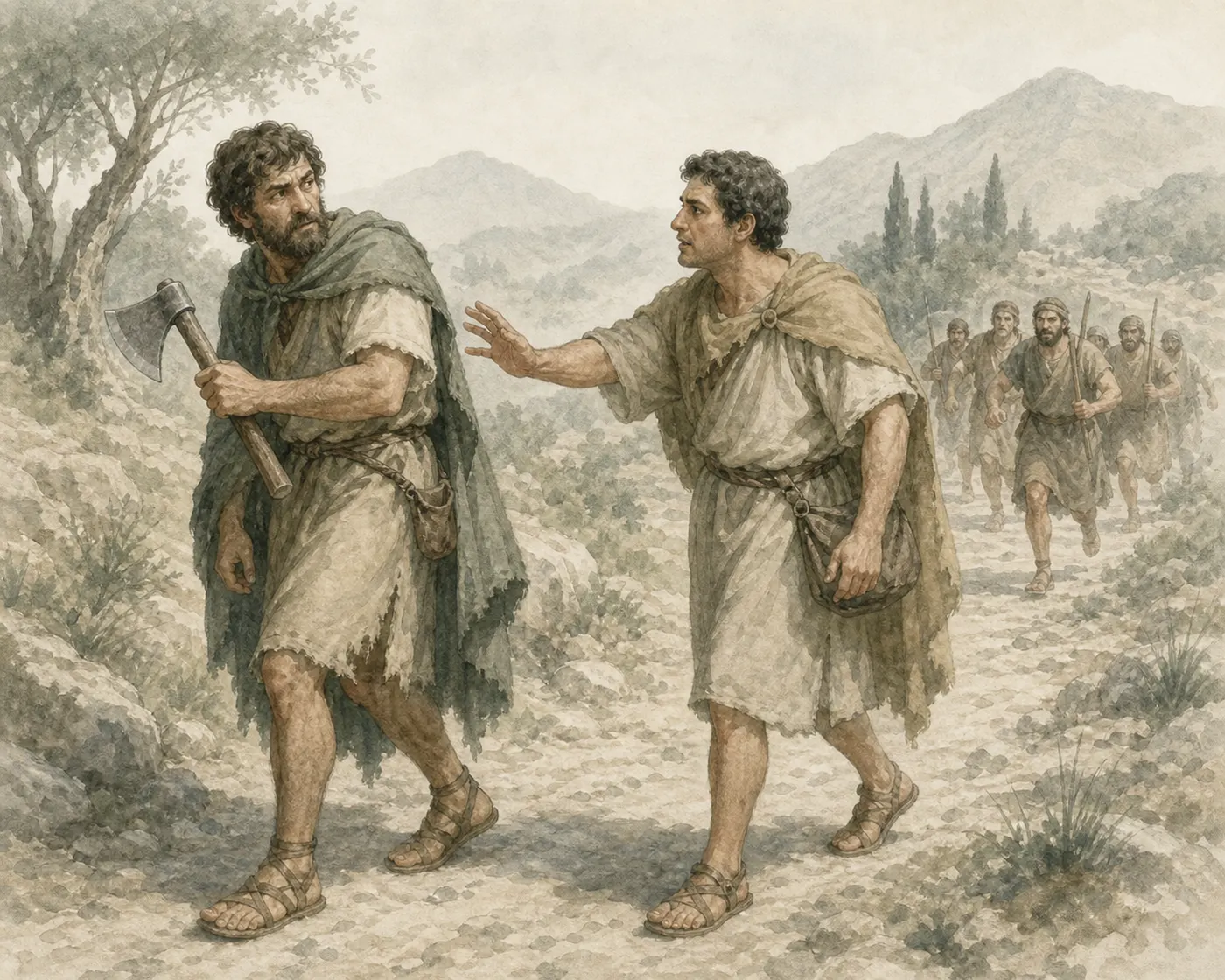 Illustration for Aesop’s fable “The Travellers and the Axe”