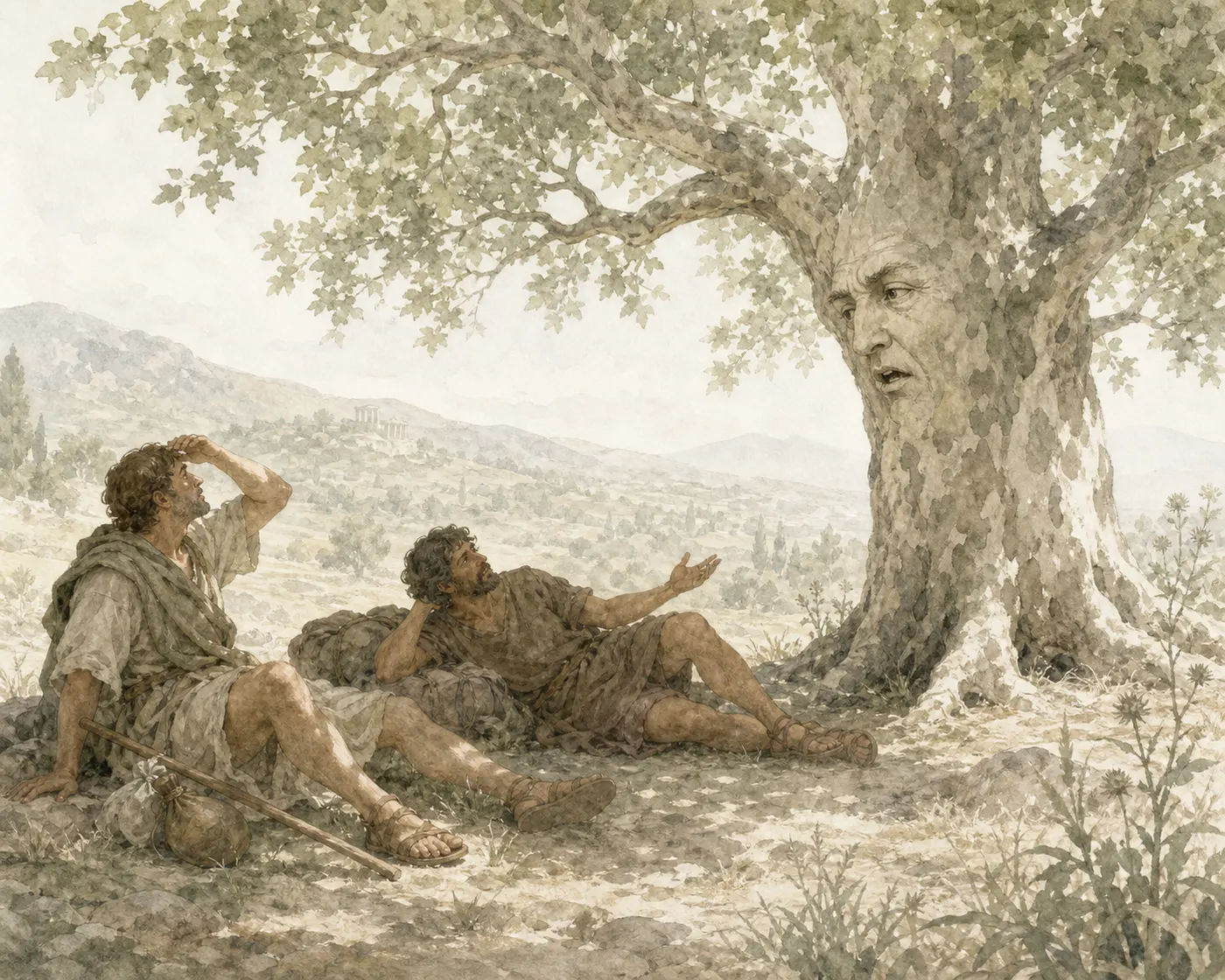 Illustration for Aesop’s fable “The Travellers and the Plane Tree”